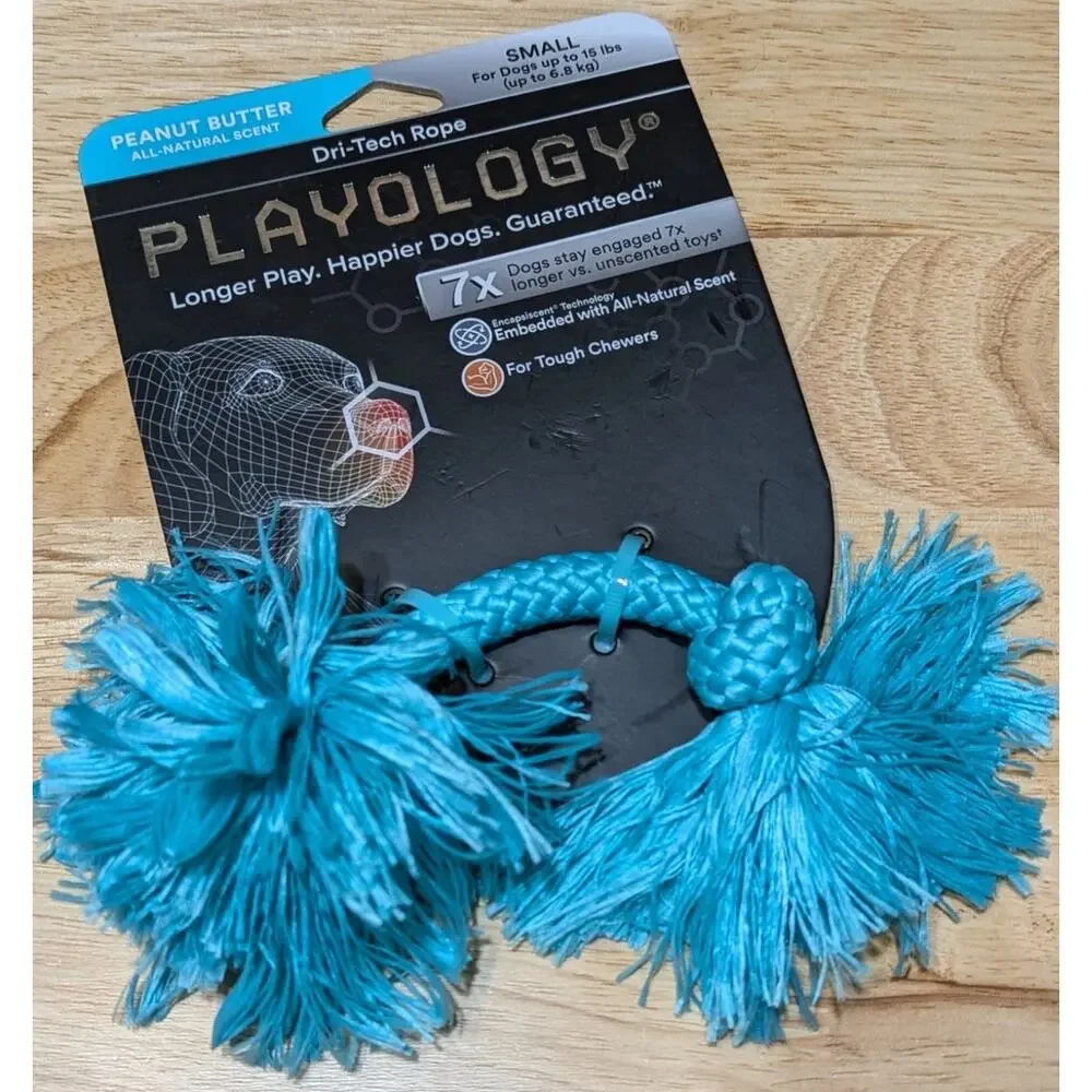 Playology Dri-Tech Rope, Peanut Butter Scented Blue Dog Toy for Small Dogs